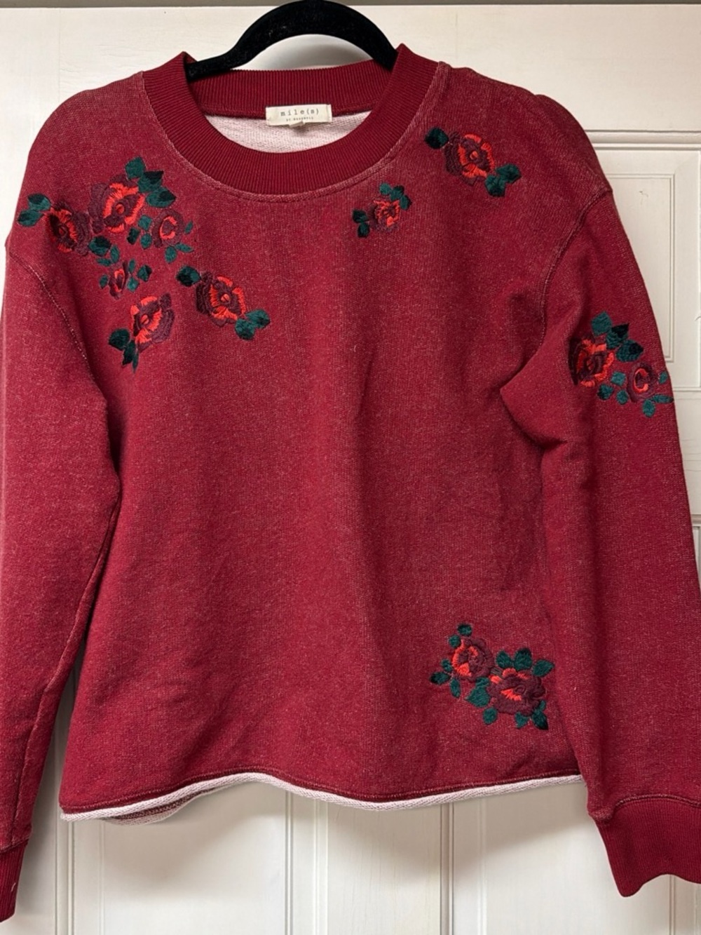 Madewell Red Crewneck Sweatshirt with Embroidered Roses